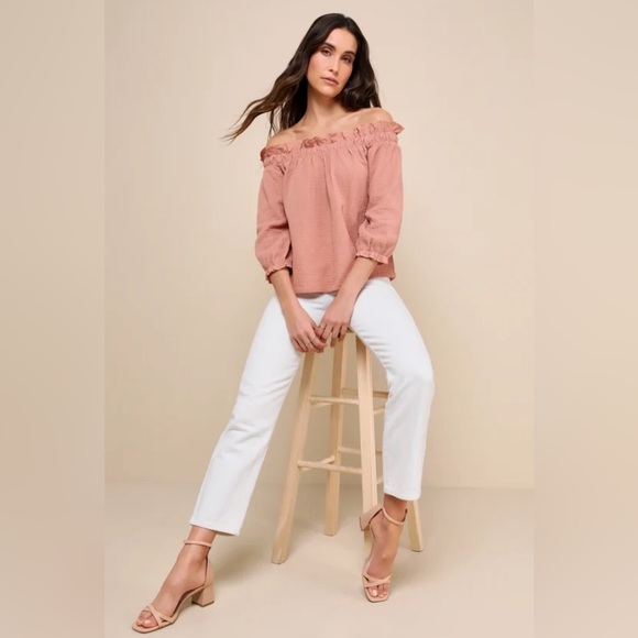 Lulus Tops - Lulus - Sweet One Rusty Rose Off-the-Shoulder Three-Quarter Sleeve Top